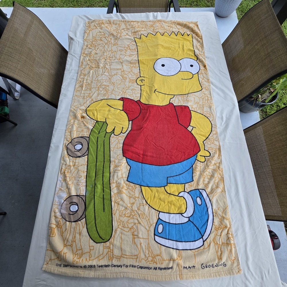 2003 Bart Simpson Beach Towel Skateboard 30x55 VTG The Simpsons Cartoon SEE